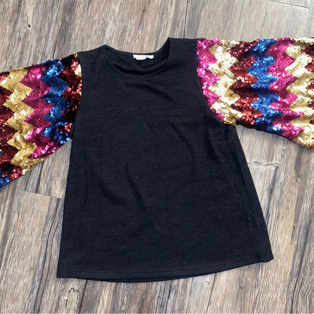 THML Black Top with Sequin Zigzag Sleeves